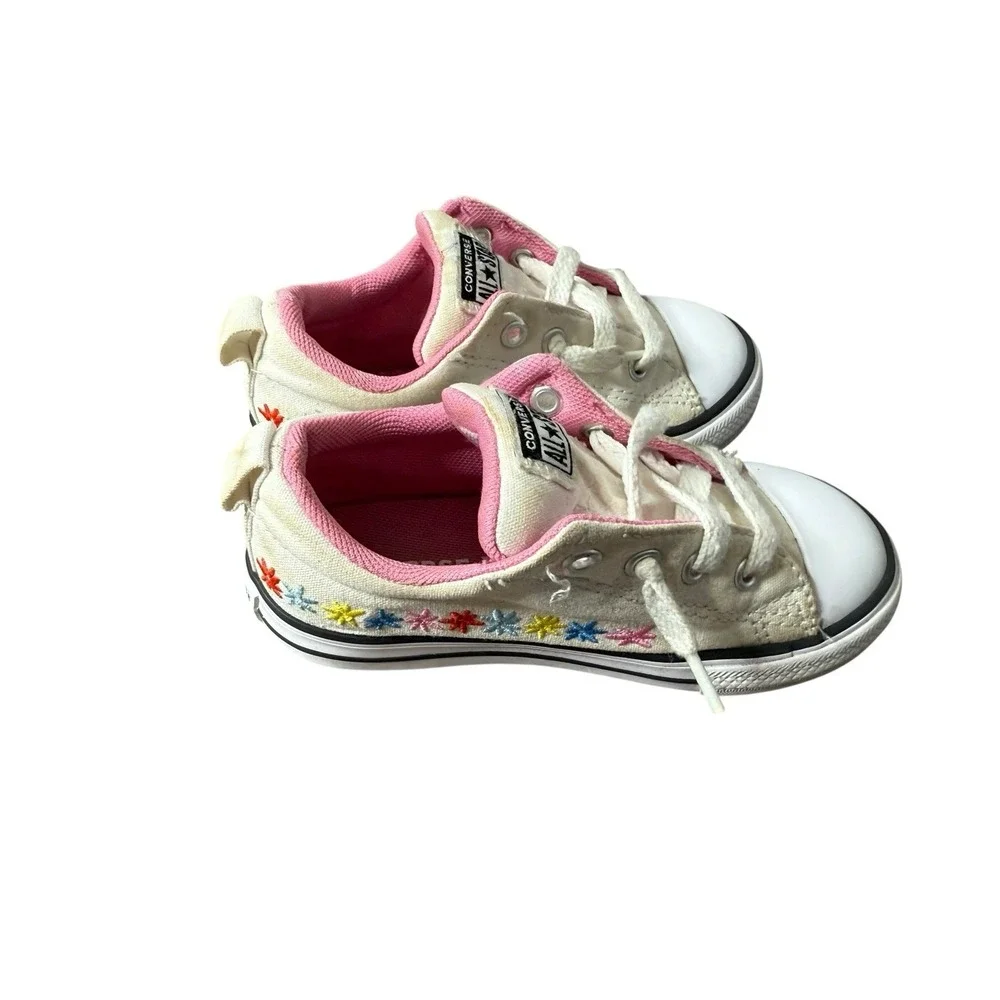 White Converse. Pink Lining. Embroidered‎ Flowers. Girl's 9